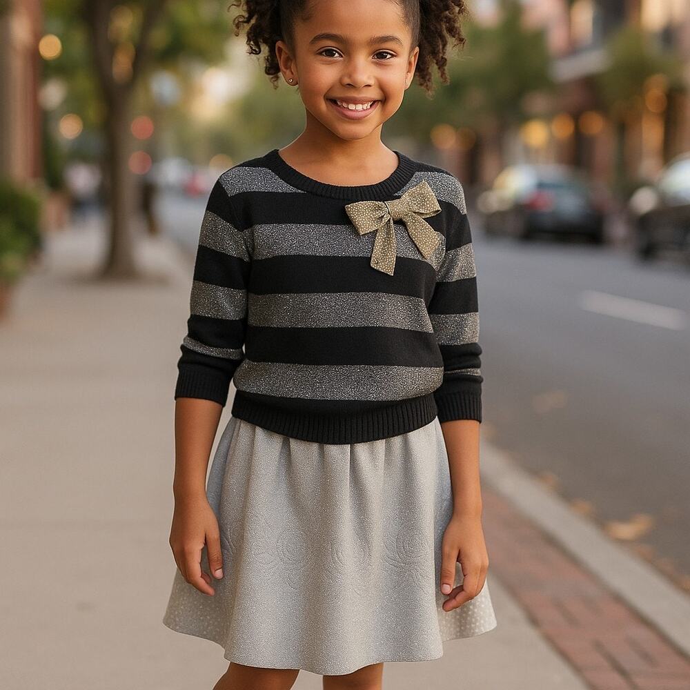 Heart-n-Crush Girls Sweater Size‎ L Silver Black 3/4 Sleeve Sequin Bow NEW